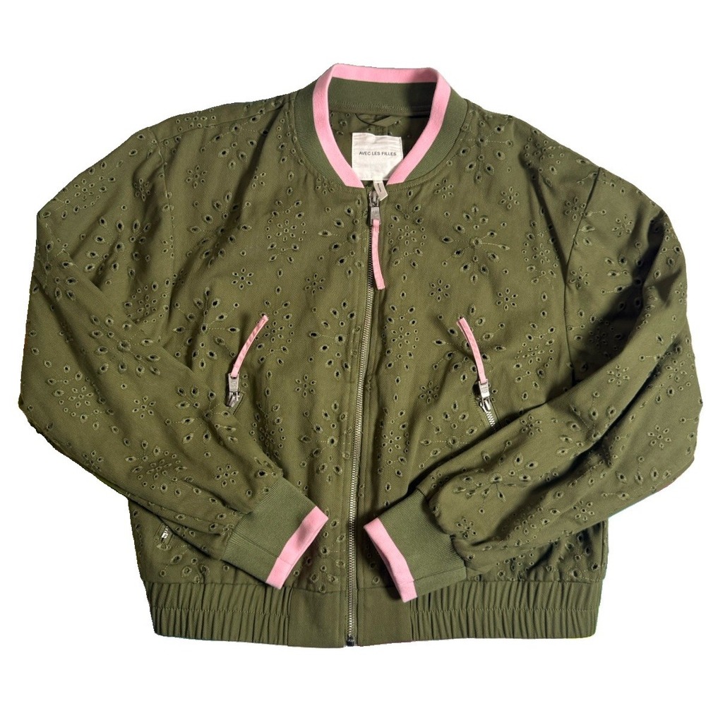 Avec Les Filles Eyelet Bomber Jacket Green & Pink Size 100% Cotton Medium EUC